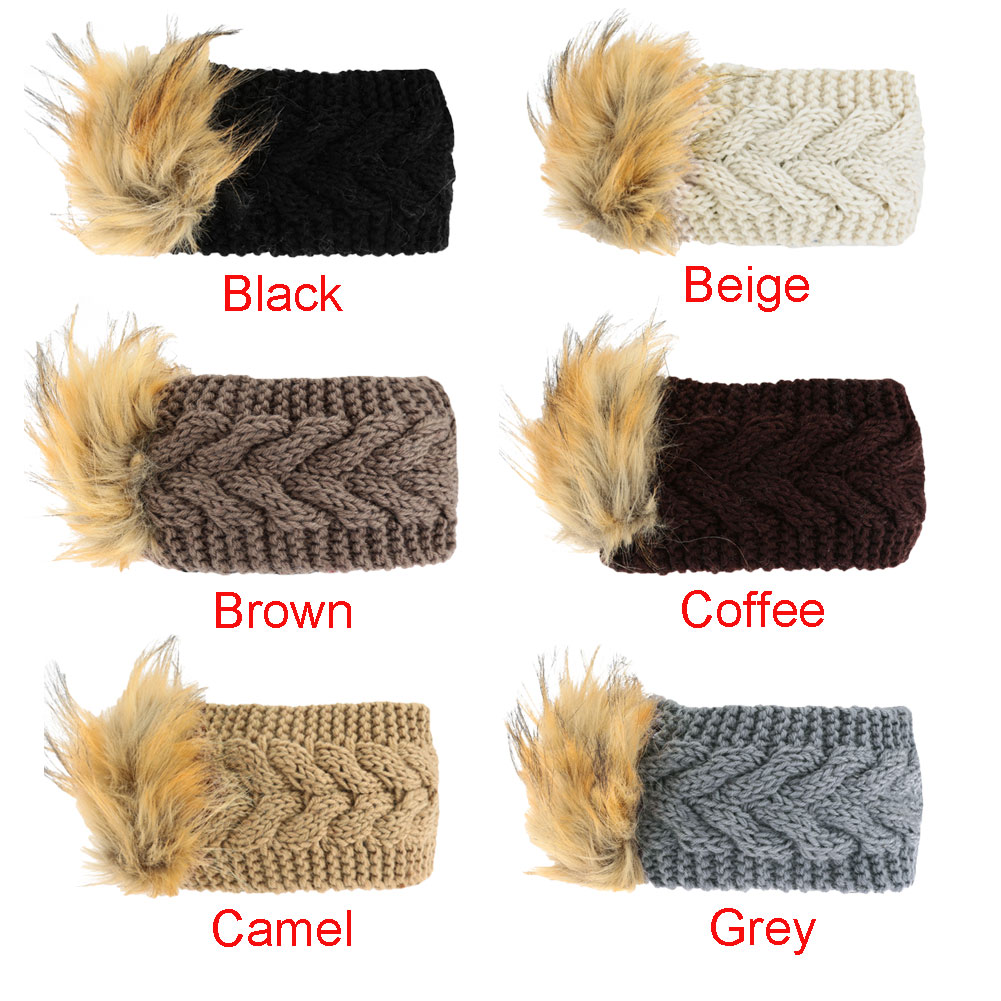 B043-1 Winter Fashion Knitted Faux Fur Trim Elastic Hairband Ear Warmer Hat